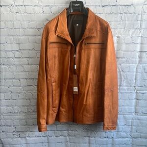 Italian Camel Leather Zip Up Jacket Made by CURGÈ size Mens Large NWT #3‎